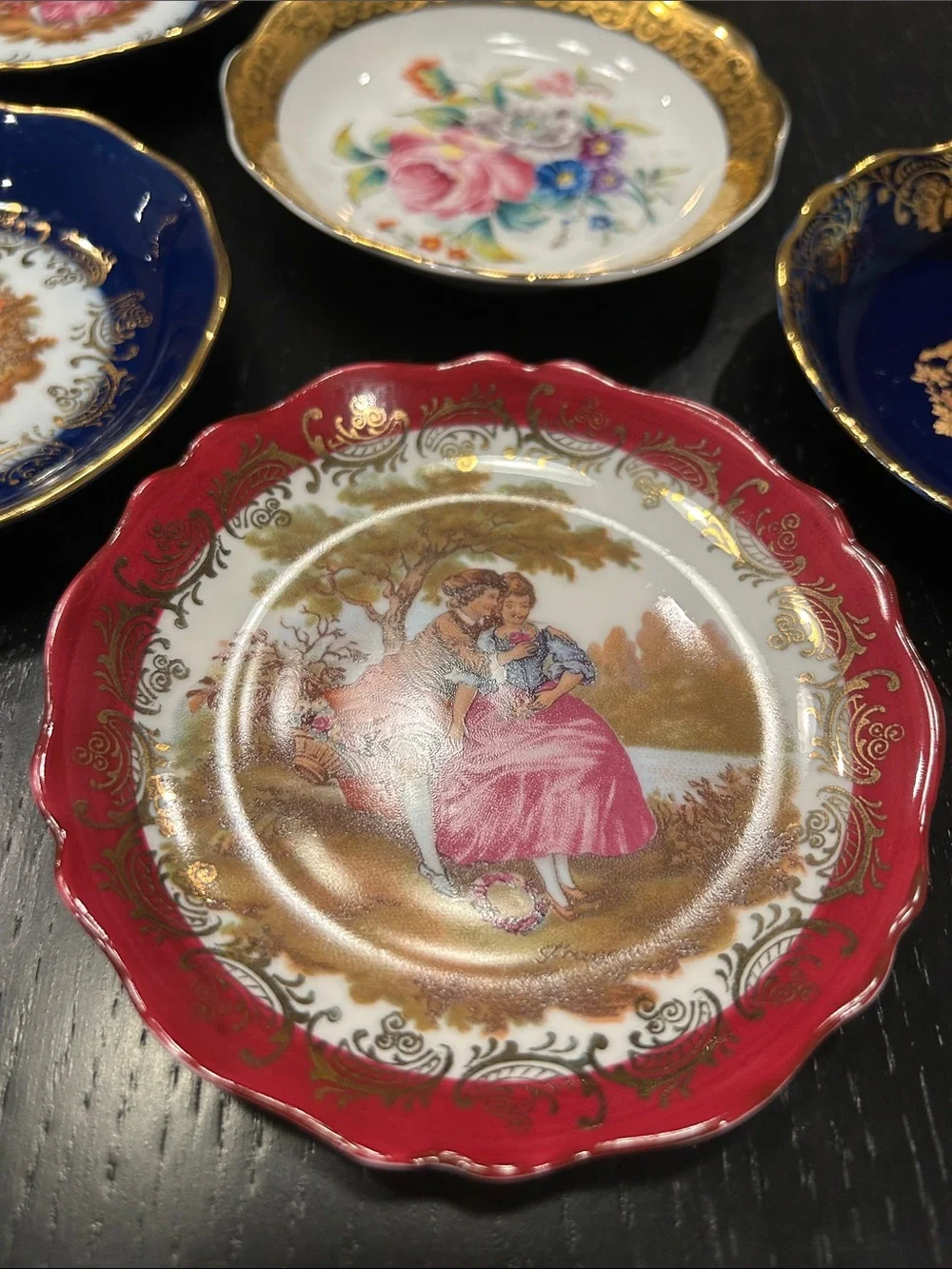 5 Limoges Porcelain Decorative Mini Plates in Cobalt Blue, Red, Gold and White